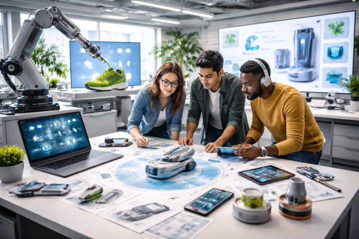 Product design team collaborating in a modern studio with prototypes, digital screens and 3D printing technology