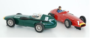 Two Scalextric cars, one red, one green
